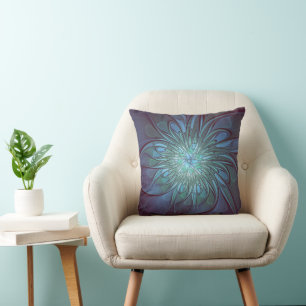 Almofada Arte Fractal de Flor Azul Moderno, Abstrato Trendy
