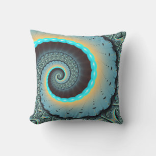 Almofada Arte fractal espiral abstrato azul-turquesa laranj