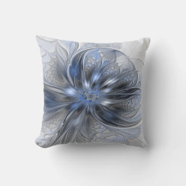 Almofada Arte Fractal Floral Abstrata em Aquarela Azul Cinz