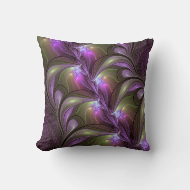 Almofada Arte fractal roxa violeta caqui abstrata colorida (Frente)