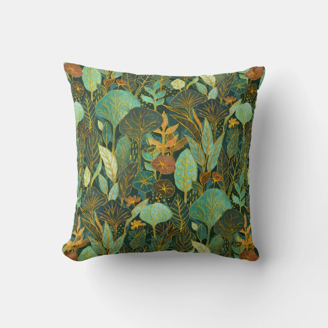 Almofada Arte ingênua Escova Floresta em Verde e Azul (Frente)