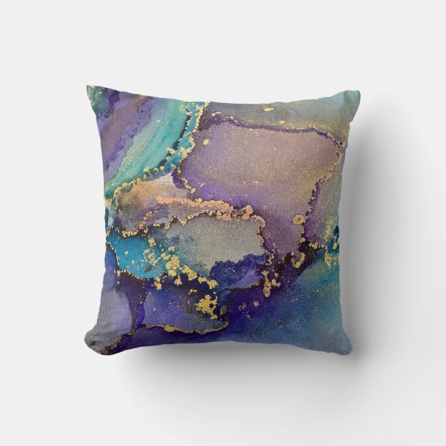 Almofada Arte líquida com Abstrato de cor múltipla e Dourad (Frente)