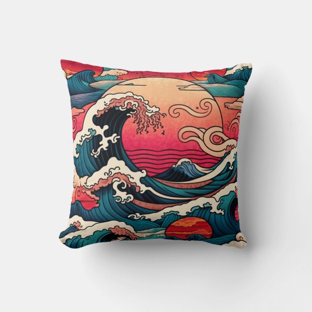 Almofada Arte Onda Japonesa Red Sunset Ocean (Frente)
