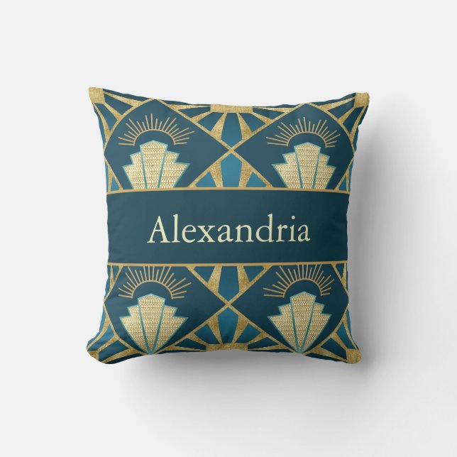 Almofada Arte Personalizada Art Déco Azul Turquesa e Dourad (Frente)