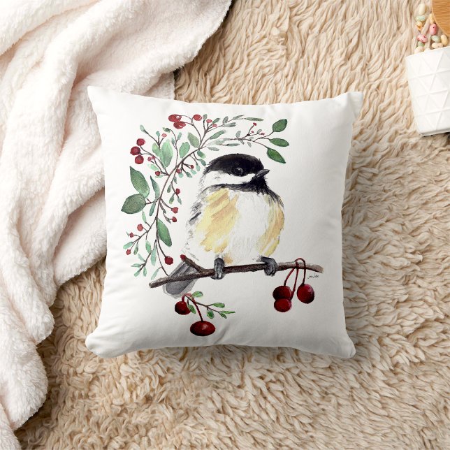 Almofada Arte Pintada em Frango (Chickadee Painted Art Throw Pillow from Jenn's Emporium. )