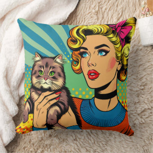 Almofada Arte Pop Comic Cartoon Mulheres Segurando Gato