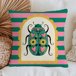 Almofada Arte Popular Bug em Listras Rosa e Verde Cottageco