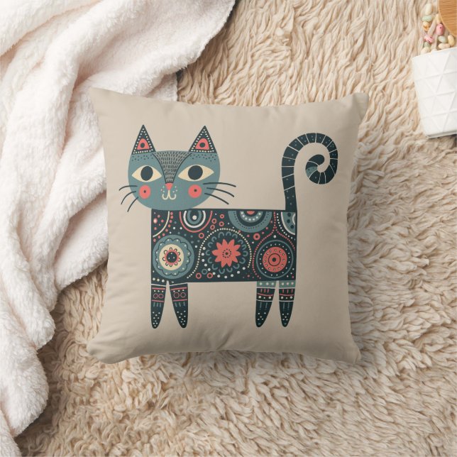Almofada Arte Popular Caprichosa Gato Boho Retro Bege  (Cobertor)