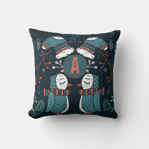 Almofada Arte Popular Natalina Monogramada Coruja Azul Verm