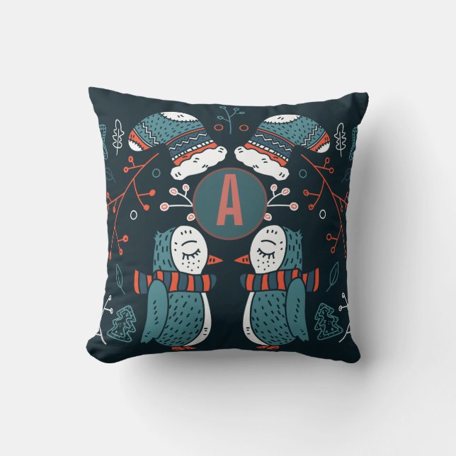 Almofada Arte Popular Natalina Monogramada Coruja Azul Verm (Frente)