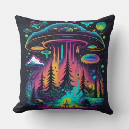 Almofada Arte Psicodélica Cena OVNI Neon e Alien