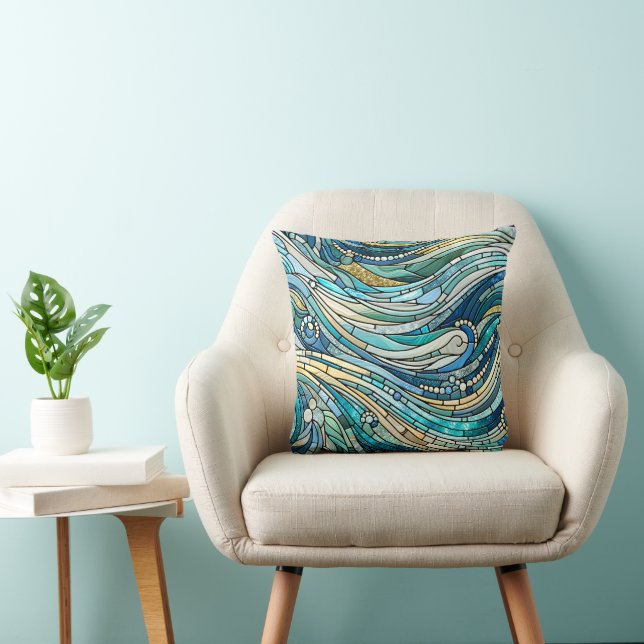 Almofada Arte Refinada Mosaico Azul-Marinho de Ondas (Cadeira)