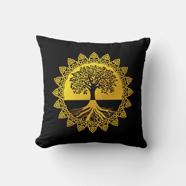 Almofada Árvore Celta do Ouro Amarelo em preto (Frente)