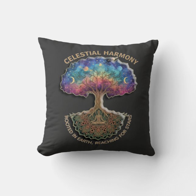 Almofada Árvore da Harmonia Celestial - Mandala de Meditaçã (Frente)