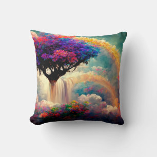Almofada Árvore da vida com arco-íris, flores, ponte