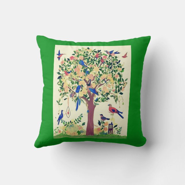 Almofada Árvore da Vida com Aves e Flores (Verso)