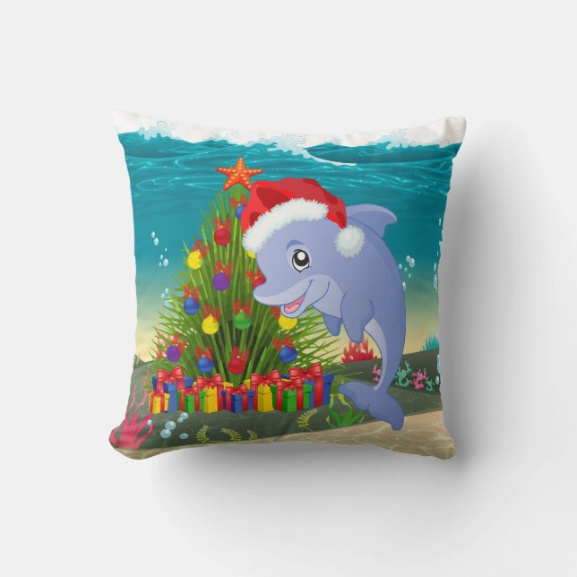 Almofada Árvore de algas de golfinho festivo de Natal (Frente)
