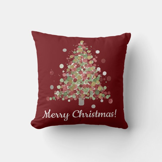 Almofada Árvore de Natal com Bolinhas de Natal em Aquarela (Frente)
