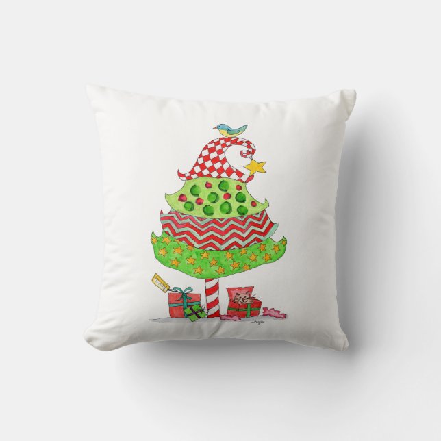 Almofada Árvore de Natal com Presentes e Gato (Frente)