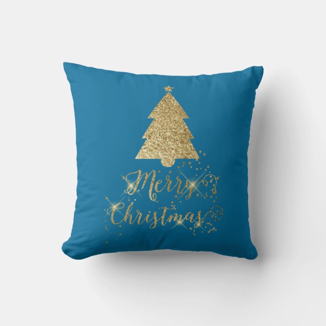 Almofada Árvore de Natal Dourada e Feliz (Frente)
