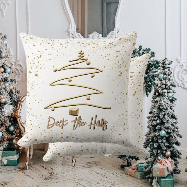 Almofada Árvore de Natal Elegante e Dourada (Gold and White, Elegant Christmas Tree Throw Pillow)