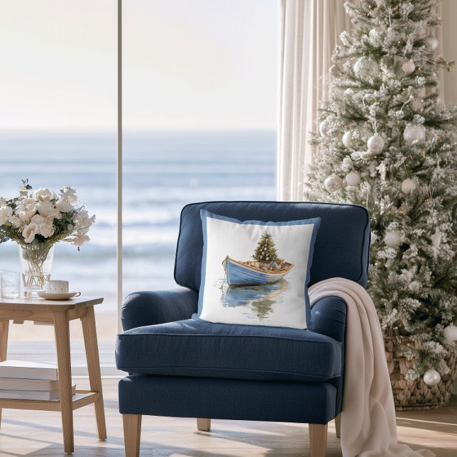 Almofada Árvore de Natal em Barco a Remo de Férias (Coastal Christmas Row Boat Pillow)