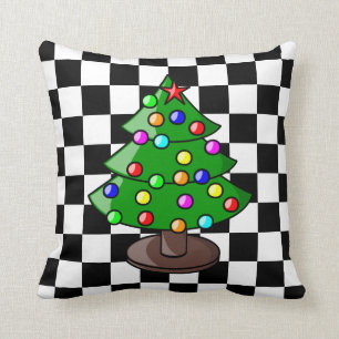 Almofada Árvore de Natal em Fundo Xadrez Preto e Branco