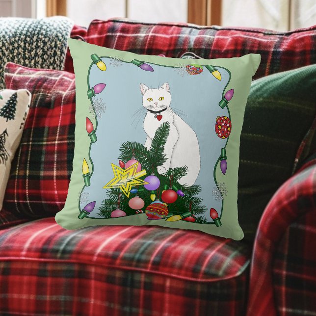 Almofada Árvore de Natal Engraçada e Festiva Gato Branco Ve (Criador carregado)