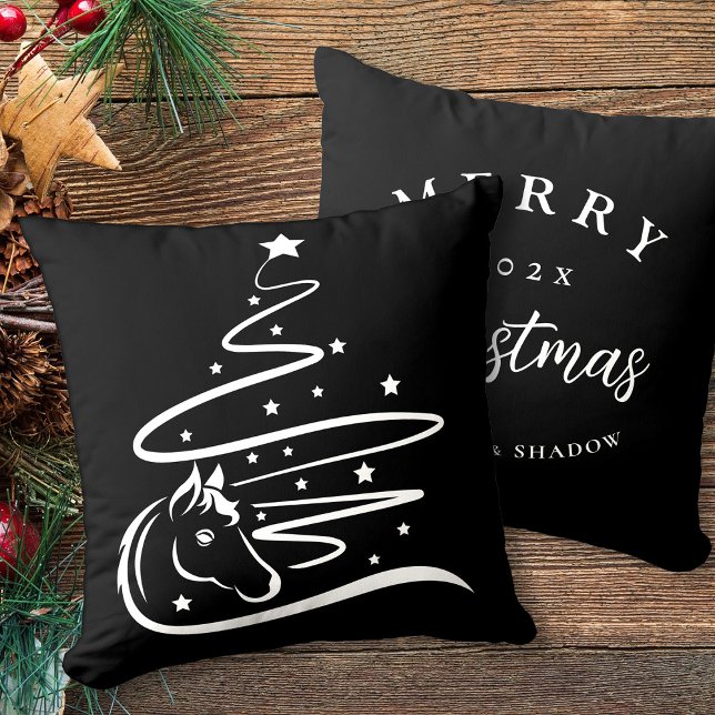 Almofada Árvore de Natal equestre, preto e branco (Horse Christmas tree personalized pillow, black and white vector art.)