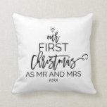 Almofada Árvore de Natal Nosso Primeiro Natal como Sr. e Sr<br><div class="desc">Esta árvore de natal "nosso primeiro natal como travesseiro decorativo do sr. e mrs." é a perfeita decoração romântica de feriado. A design apresenta um anel de diamante, e as palavras "nosso primeiro natal como sr. e mrs." com o ano, tudo arranjado para se parecer com uma árvore de natal....</div>