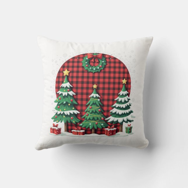 Almofada árvore de natal xadrez vermelha (Verso)