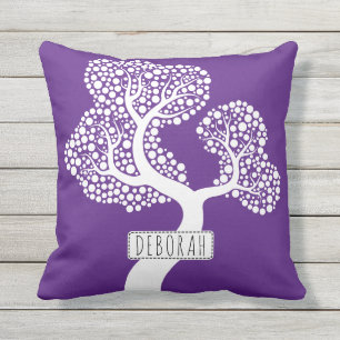 Almofada Árvore e nome de abstrato branco, roxo real