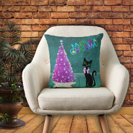 Almofada Árvore Rosa Meados do Século Gato Preto Sala Azul 