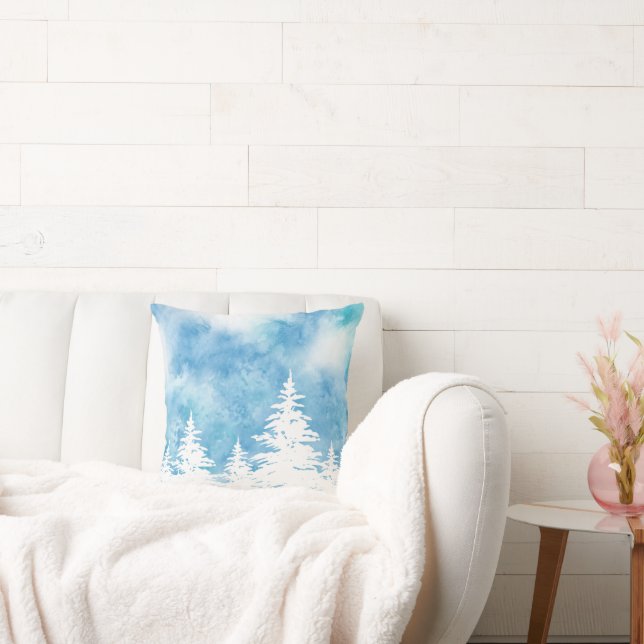 Almofada Árvores Cobertas por Neve Aquarela Azul (Sofá)