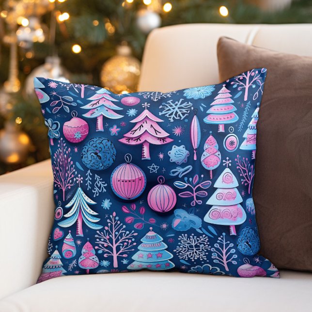 Almofada Árvores de Natal Cinzentas Azuis (Festive blue and pink Christmas decorator pillow)