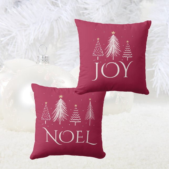 Almofada Árvores de Natal Festivas, Vermelhas e Brancas, JO (Festive Red and White Christmas Trees JOY NOEL Throw Pillow)
