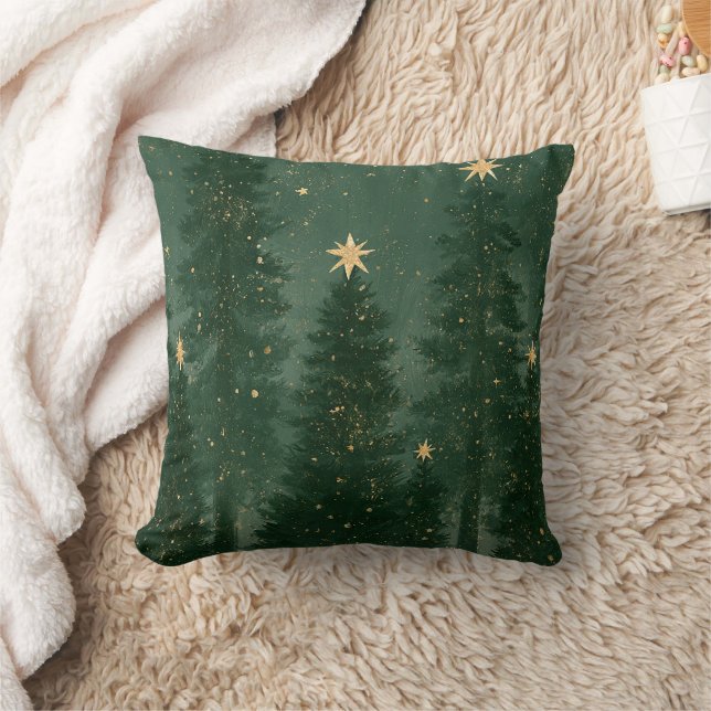 Almofada Árvores de Natal Verdes Estrelas Douradas (Cobertor)
