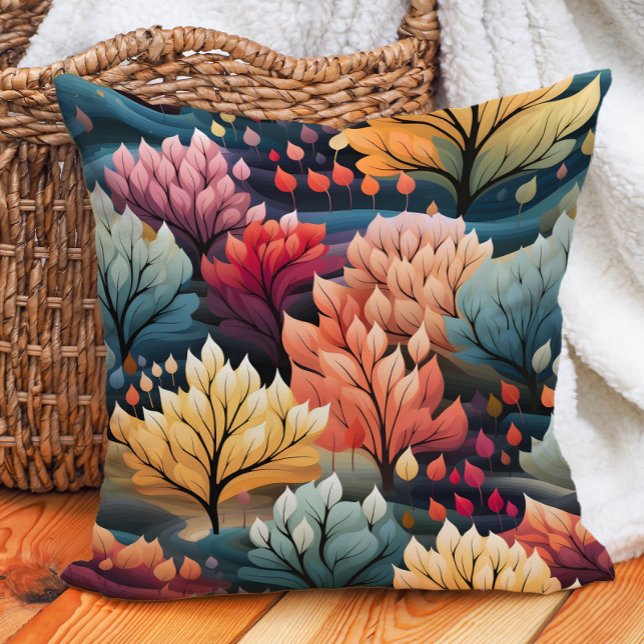 Almofada Árvores Laranja Azul Turquesa Amarelo (Teal, orange, and yellow autumn leaves pillow)