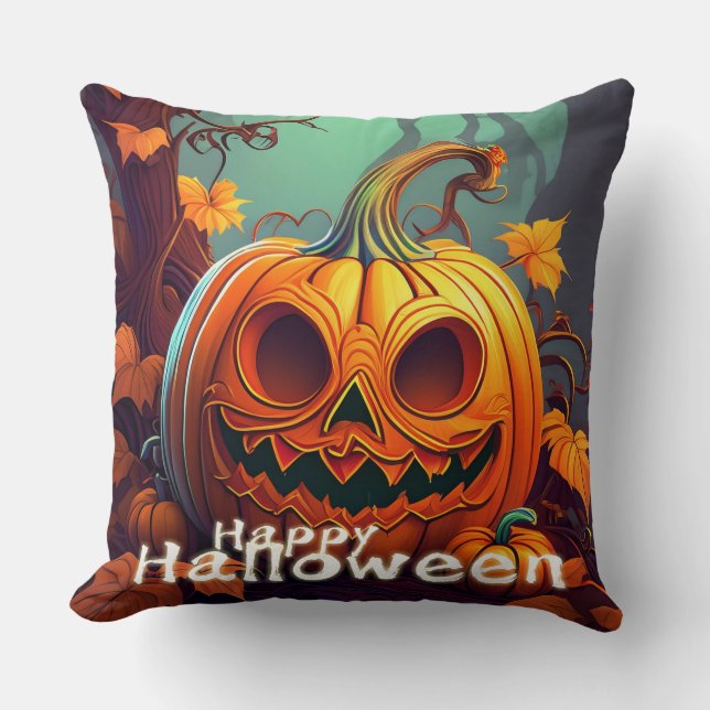 Almofada Assustador Olhando Pumpkin Laranja com Rosto, Hall (Frente)