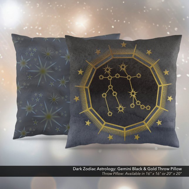 Almofada Astrologia Zodiaca Escura: Gemini Preto e Dourado (Dark Zodiac Astrology: Gemini Black & Gold Square Throw Pillow)