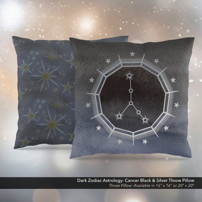 Almofada Astrologia Zodiaca Escura: Preto-Cancer e Prata (Dark Zodiac Astrology: Cancer Black & Silver Square Throw Pillow)