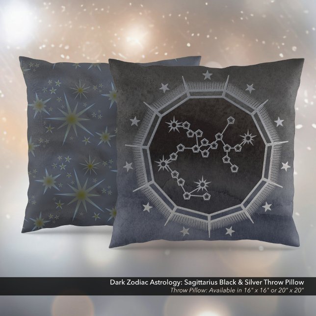 Almofada Astrologia Zodíaca Escura: Preto e Prata Sagitário (Dark Zodiac Astrology: Sagittarius Black & Silver Square Throw Pillow)