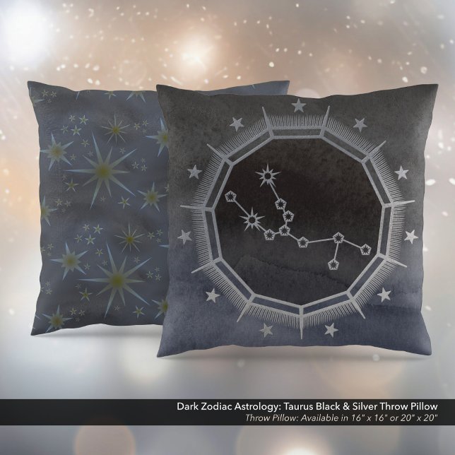Almofada Astrologia Zodiaca Escura: Taurus Black & Silver (Dark Zodiac Astrology: Taurus Black & Silver Square Throw Pillow)