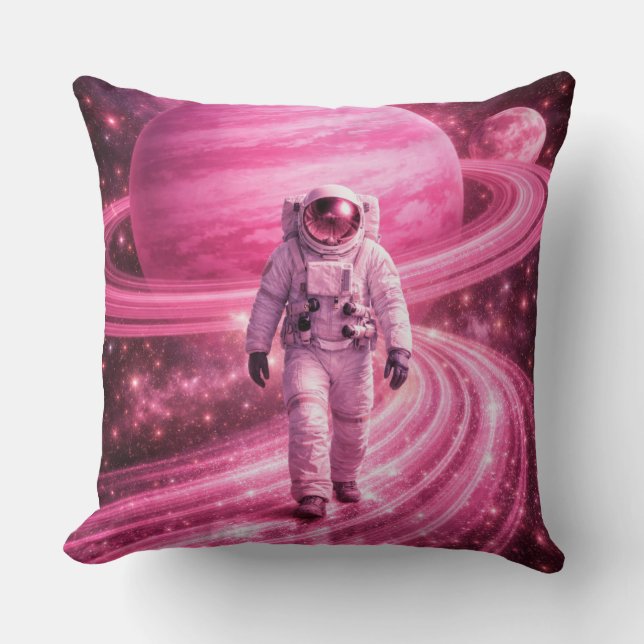 Almofada Astronauta Caminhando sobre Anéis Rosas (Frente)