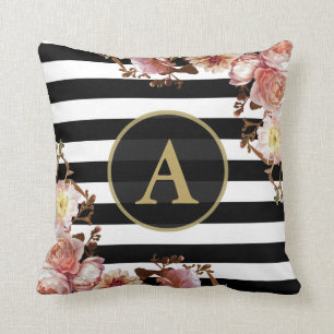 Almofada Aumentou a listra Dourado floral do branco do