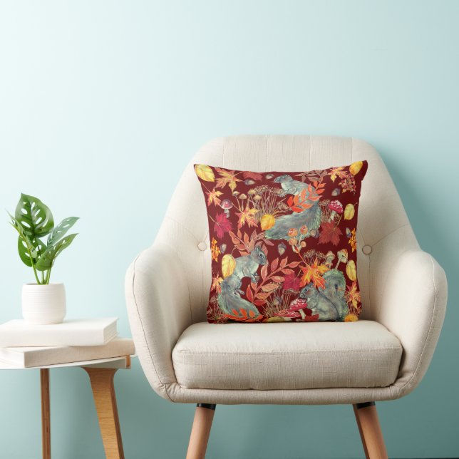 Almofada Autumn Fall Squirrel Leaf Mushroom Acorn Burgundy (Cadeira)