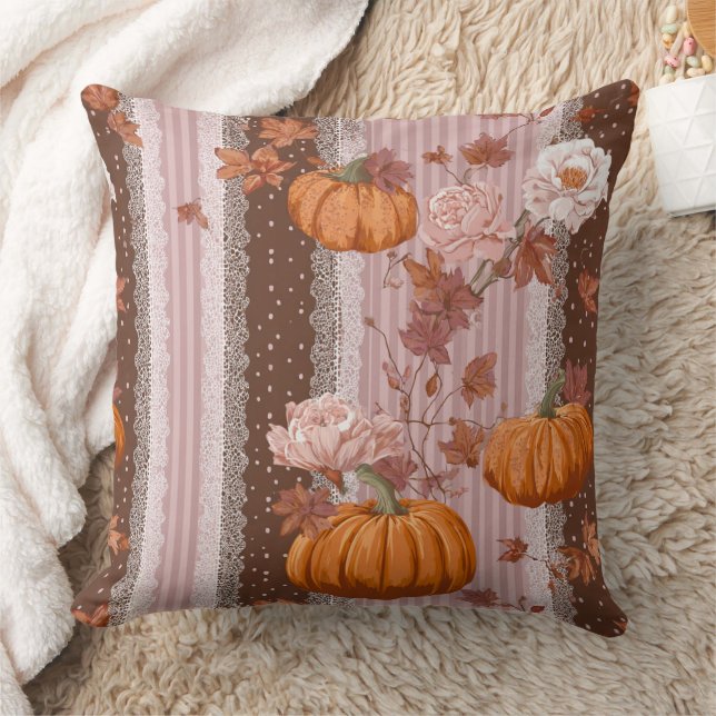 Almofada Autumn Pumpkins & Floral Lace Sem Costura (Cobertor)