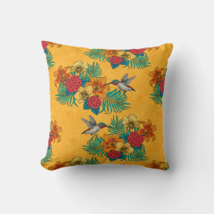 Almofada Aves e buquês tropicais em amarelo