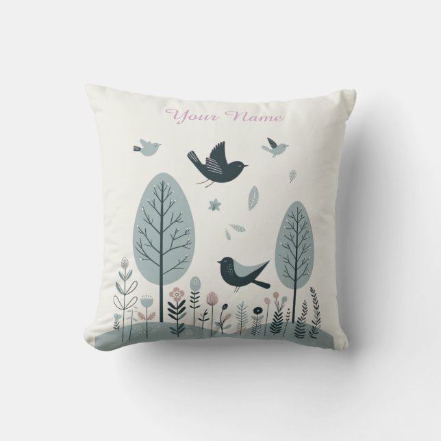 Almofada Aves e Floresta Nórdicas Personalizadas  (Frente)