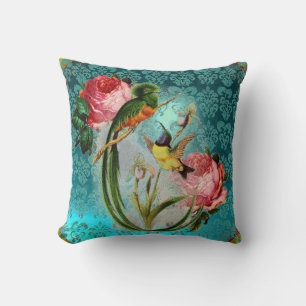 ALMOFADA AVES EXÓTICAS E ROSAS DE PINCO AZUL AQUA, DANOS TE